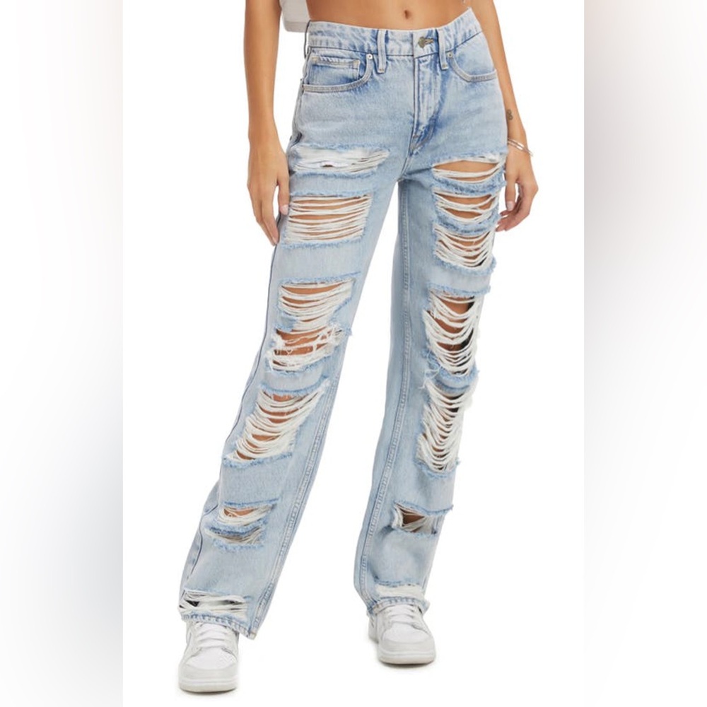 Good American Good ‘90s Extreme Rip Light Blue Denim Jeans Distressed Indigo